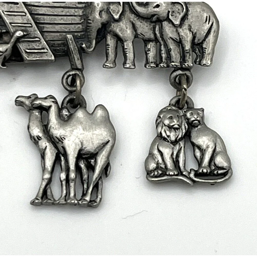 Vintage Pewter JJ Jonette Noah's Ark Brooch Pin Animal Dangles Charms Camel Lion